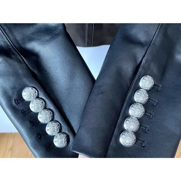 Veronica Beard Nevis Lamb Leather Blazer Jacket Cropped Black Silver Size 0‎ - Picture 5 of 11